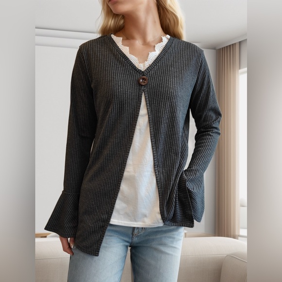 Faux Layered V-Neck Long Sleeve T-Shirt - Picture 1 of 3